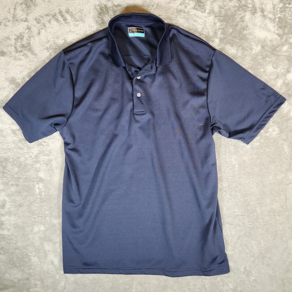 PGA Tour‎ Polo Men's Large L Golf Solid Navy Blue SMALL CUT ON BACK